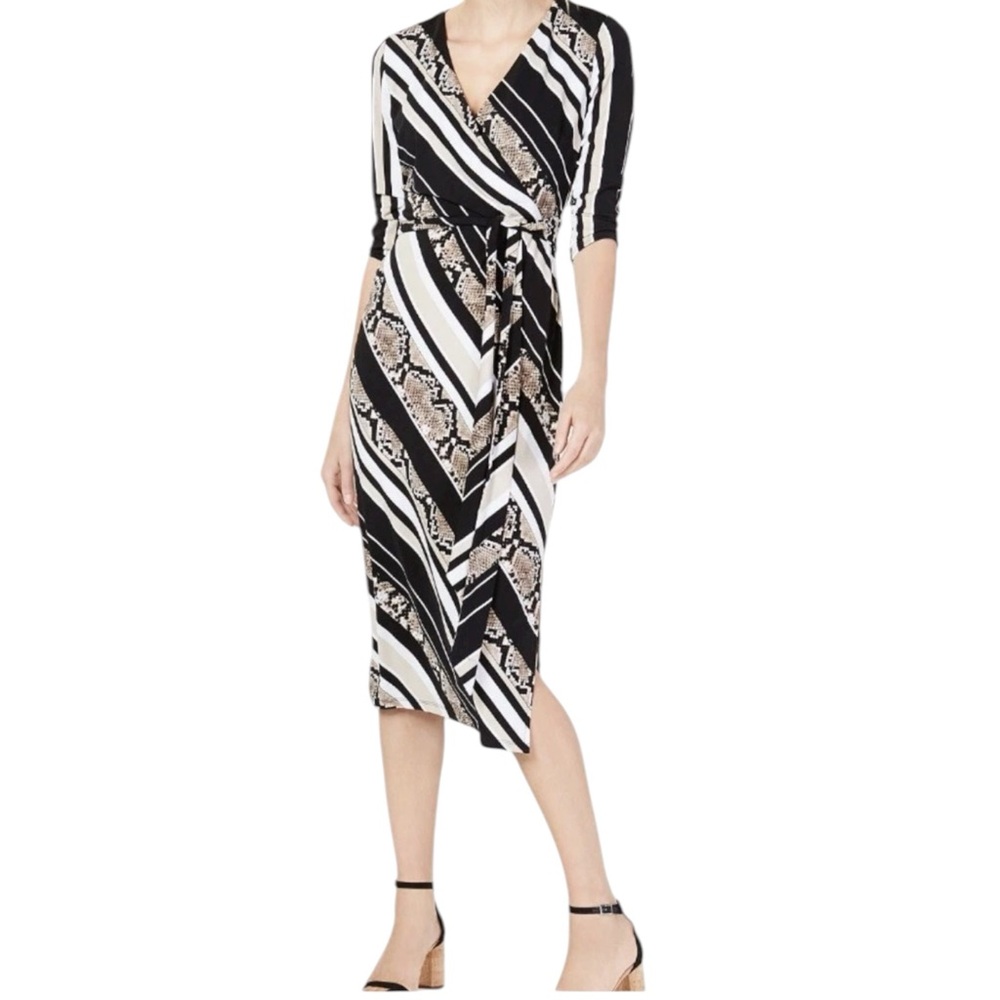 INC Garden Party Snake Stripe Faux Wrap Midi Dress Large NWT